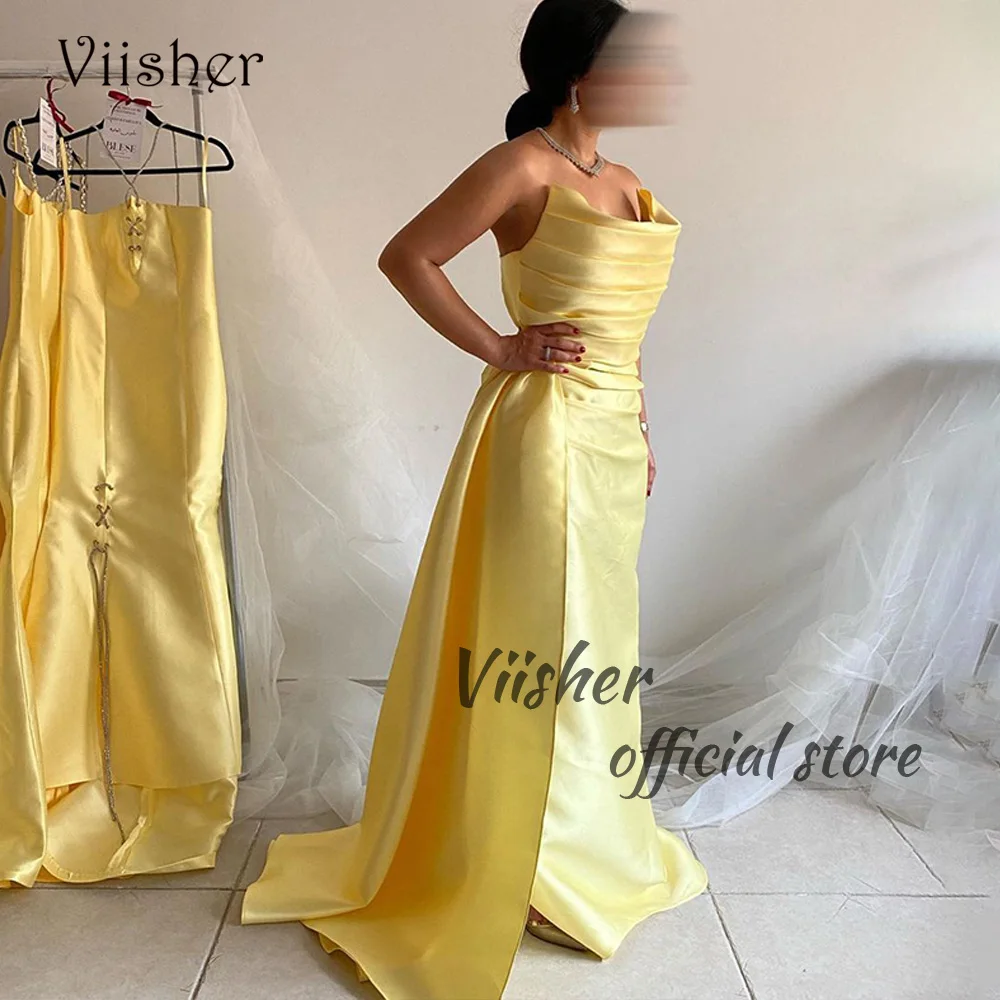 Viisher Gold Meramid Evening Dresses for Women Pleats Satin Long Dubai Arabic Prom Party Dress with Skirt Foraml Gowns