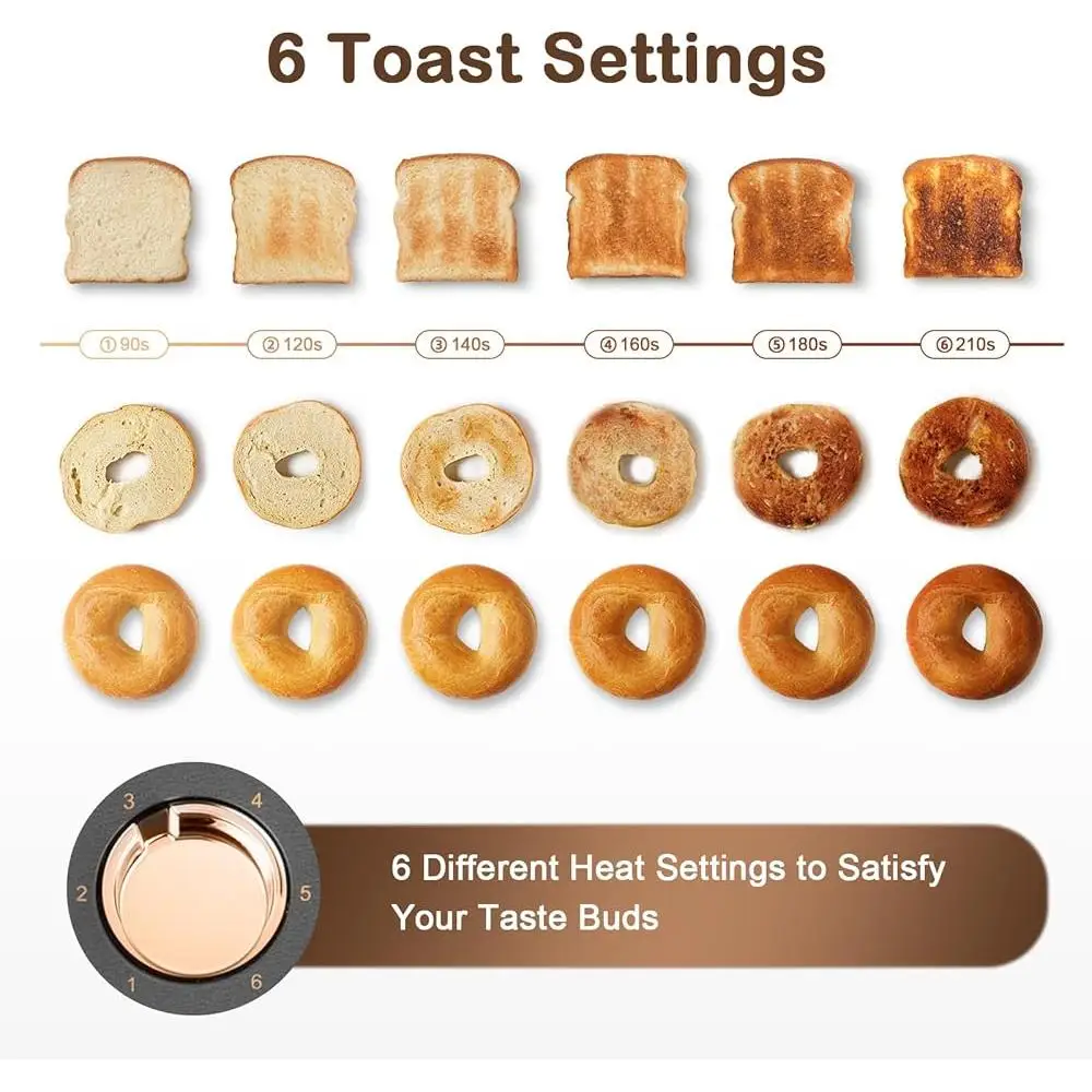Tostapane a fessura lunga a 4 fette con cremagliera riscaldante Bagel Sbrinamento Funzioni di riscaldamento Vassoio briciole in acciaio inossidabile Conto alla rovescia digitale 6