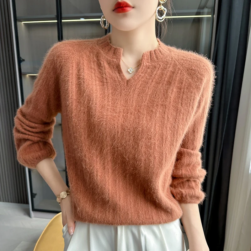 

2024 Autumn and Winter New 100% Pure Cashmere Sweater Women V-Neck Long-Sleeved Pullover Sweater Loose Korean Knitted Base Shirt