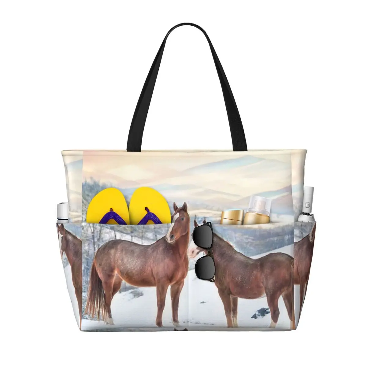 

Horses With Snow And Sunset Hills Beach Tote Bag Sport Gym Yoga Duffle Large Tote Bag Women Travel Bag Fitness bag
