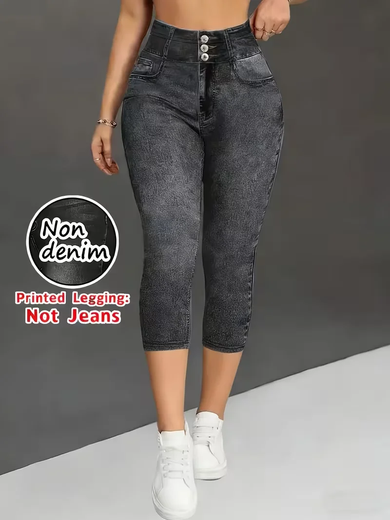 Printed Leggings, Not Denim Fabric, Fake Pocket & Button Print Capri Pants, High‑Stretch New Fashion Skinny Pants