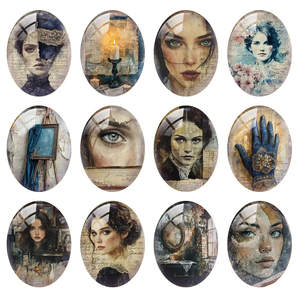 Random Mixed Round/Oval/Square Retro Collage Texture Portrait Photo Glass Cabochon Flatback Demo Cameo For Diy Jewelry Making