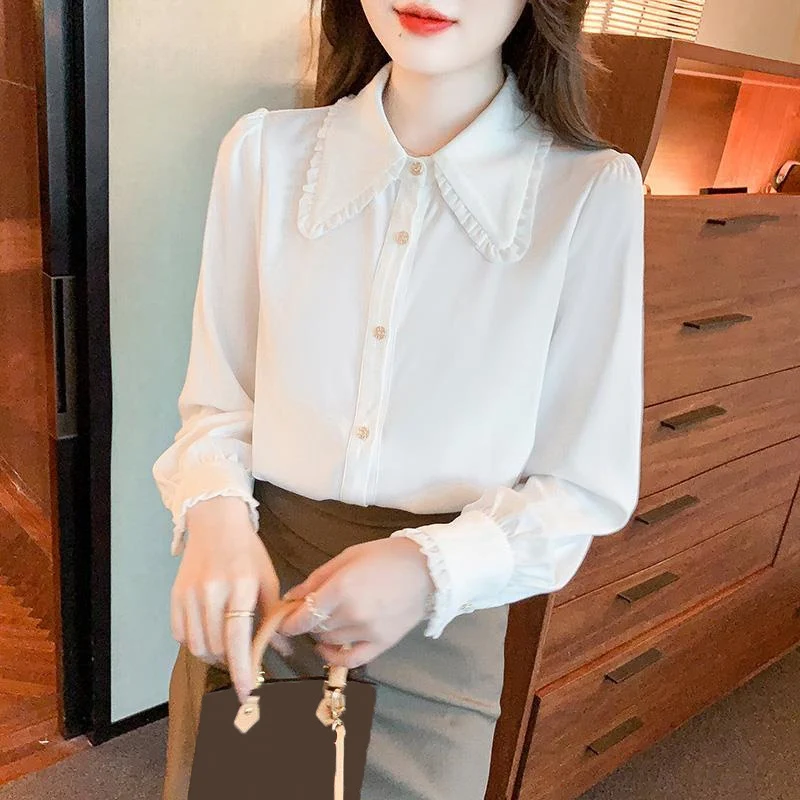 White Peter Pan Collar Sweet Elegant Blouses Korean Style Women Autumn Ruffle Long Sleeve Office Ladies Button Shirt Tops Blusas