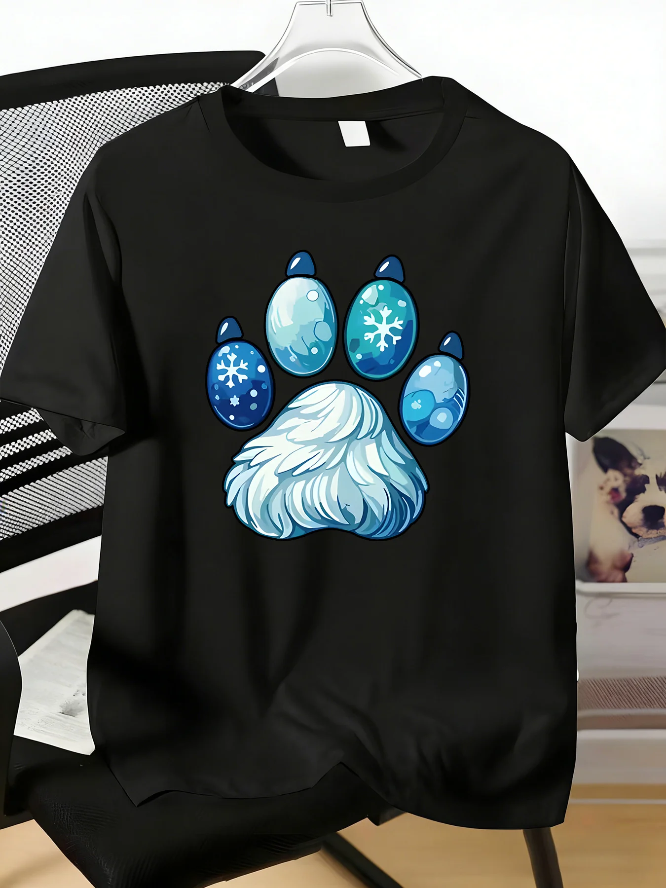Men Red Short Sleeve Tee Winter Snow Puppy Paw Xmas Bauble Print Soft Cotton Holiday Crew Neck Loose Animal Graphic Daily Top - view 2