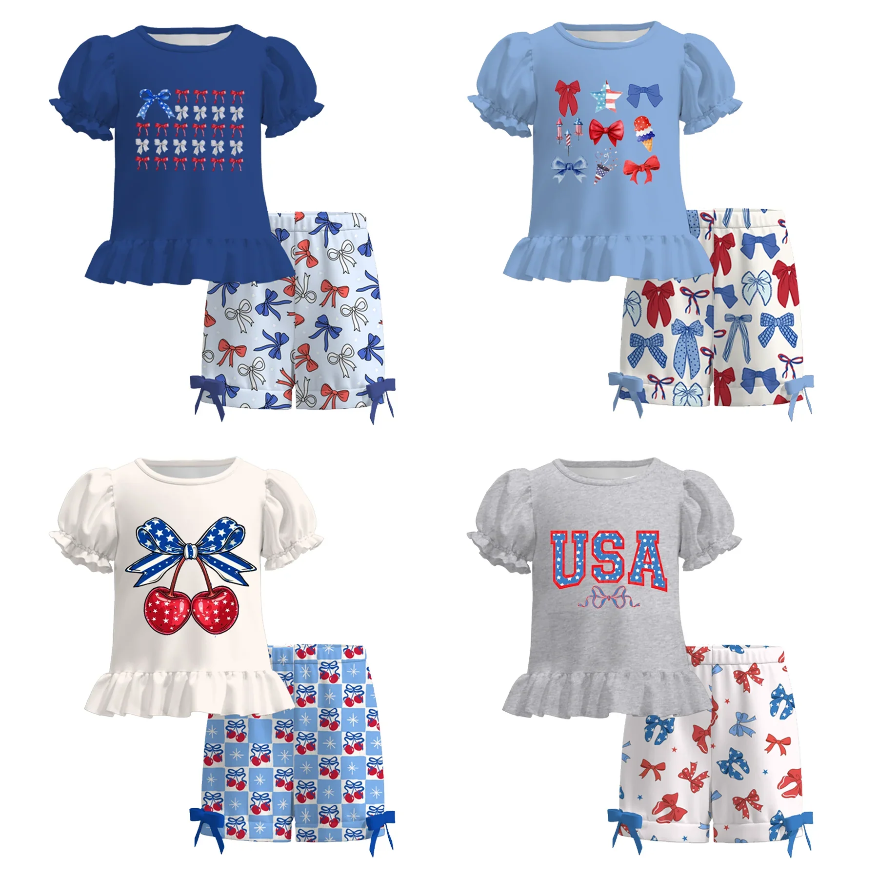 New Independence Day Girls' Clothing Cherry Bow and Letter Print Puff Sleeve Top and Shorts Summer Boutique Set