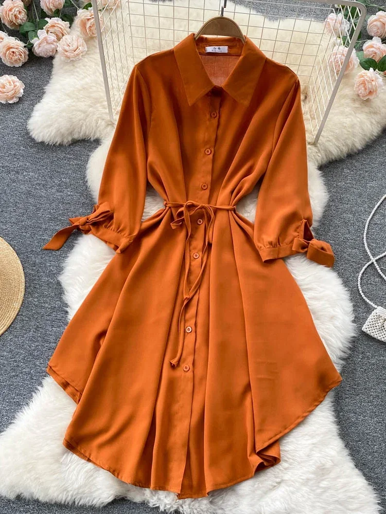 Women Spring Summer Vestidos Hot Korean Style Single-breasted Waist Slim Mid-length Fashion High-waist A-line Dress Female D0808