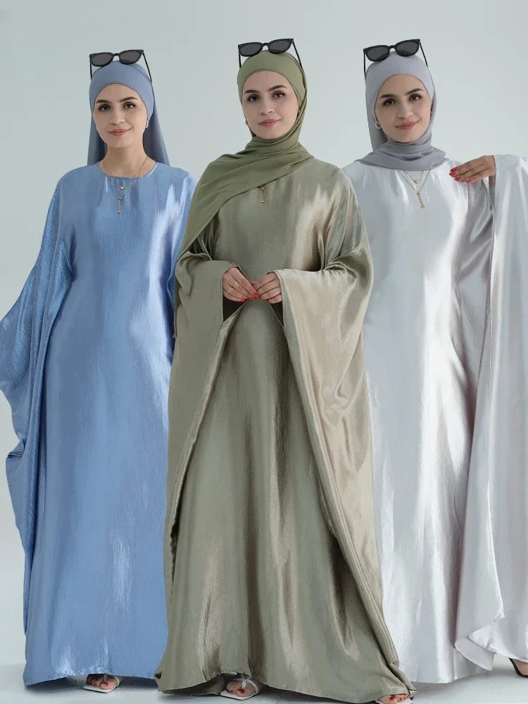 

Eid Muslim Dress with Scarf Women Abaya Silky Bat Sleeve Vestidos Largos Arab Dubai Jalabiya Party Dresses Kaftan Long Robe 2024