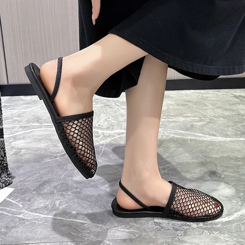 24 New Fashion Fish Net Weaving Hollow Roman Sandals Summer Round Toe Flat Bottom Fisherman's Shoes Baotou Half Slippers