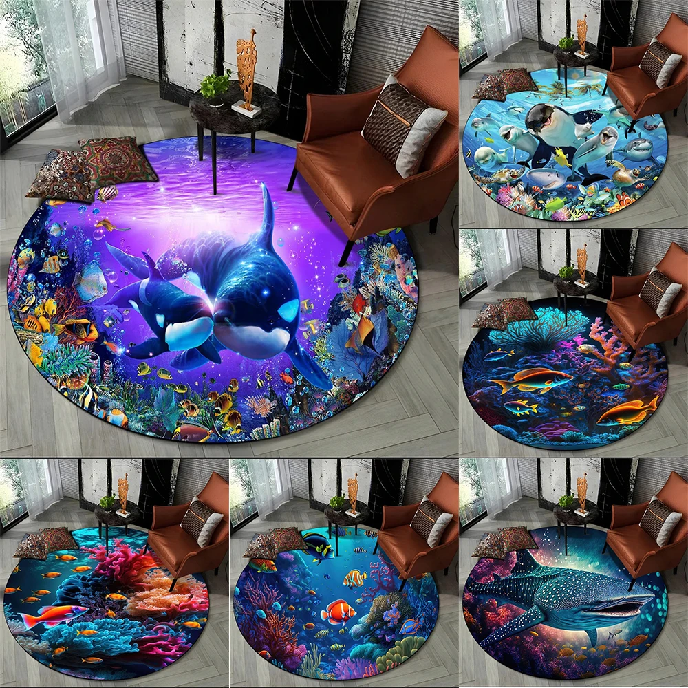 Underwater World Dolphin Pattern Round Carpet Living Room Bedroom Chair Anti-Slip Mat Home Decoration Sponge Floor Mat