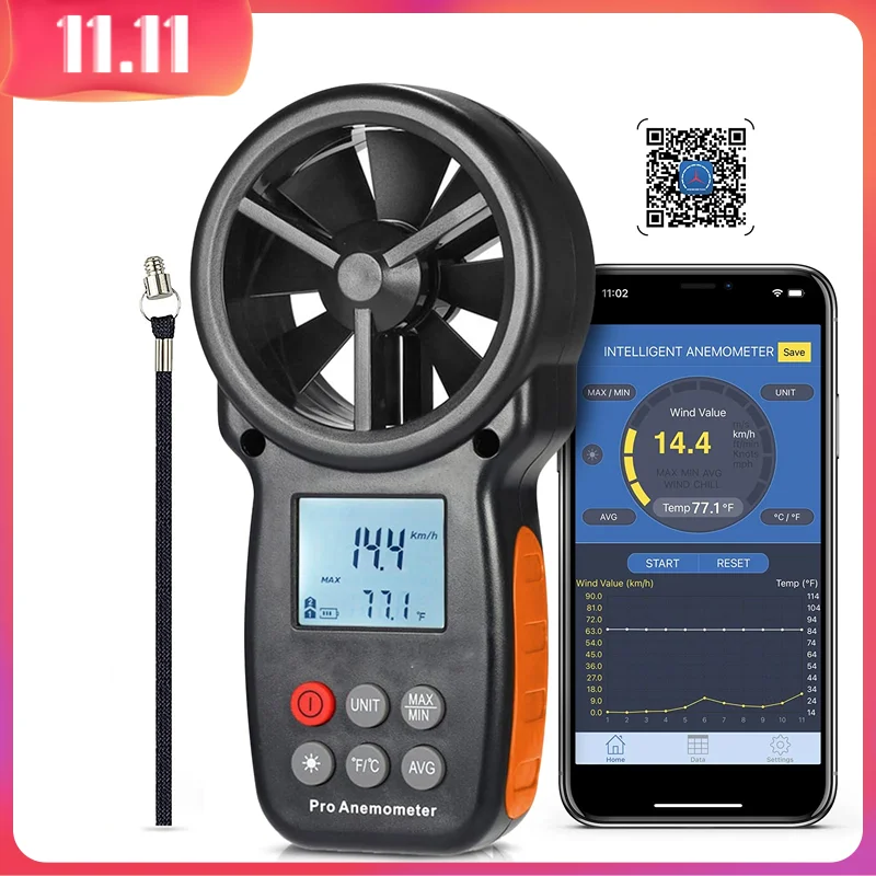 Handheld Anemometer Bluetooth, Digital Wireless Wind Speed Gauge Meter, Air Flow Velocity Temperature CFM Measuring Device