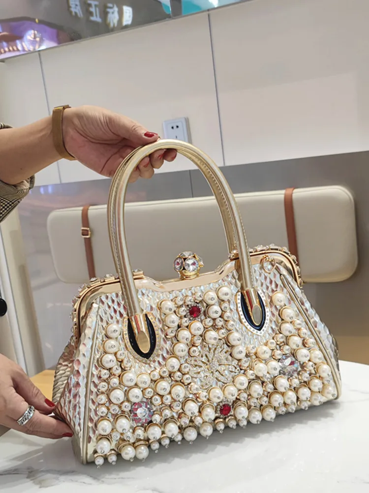 Luxury Fashion Brand Pearl Women's Handbag 2023 New Leather Diamond Shoudler Crossbody Evening Bag Portable Rhinestone Lock Bags