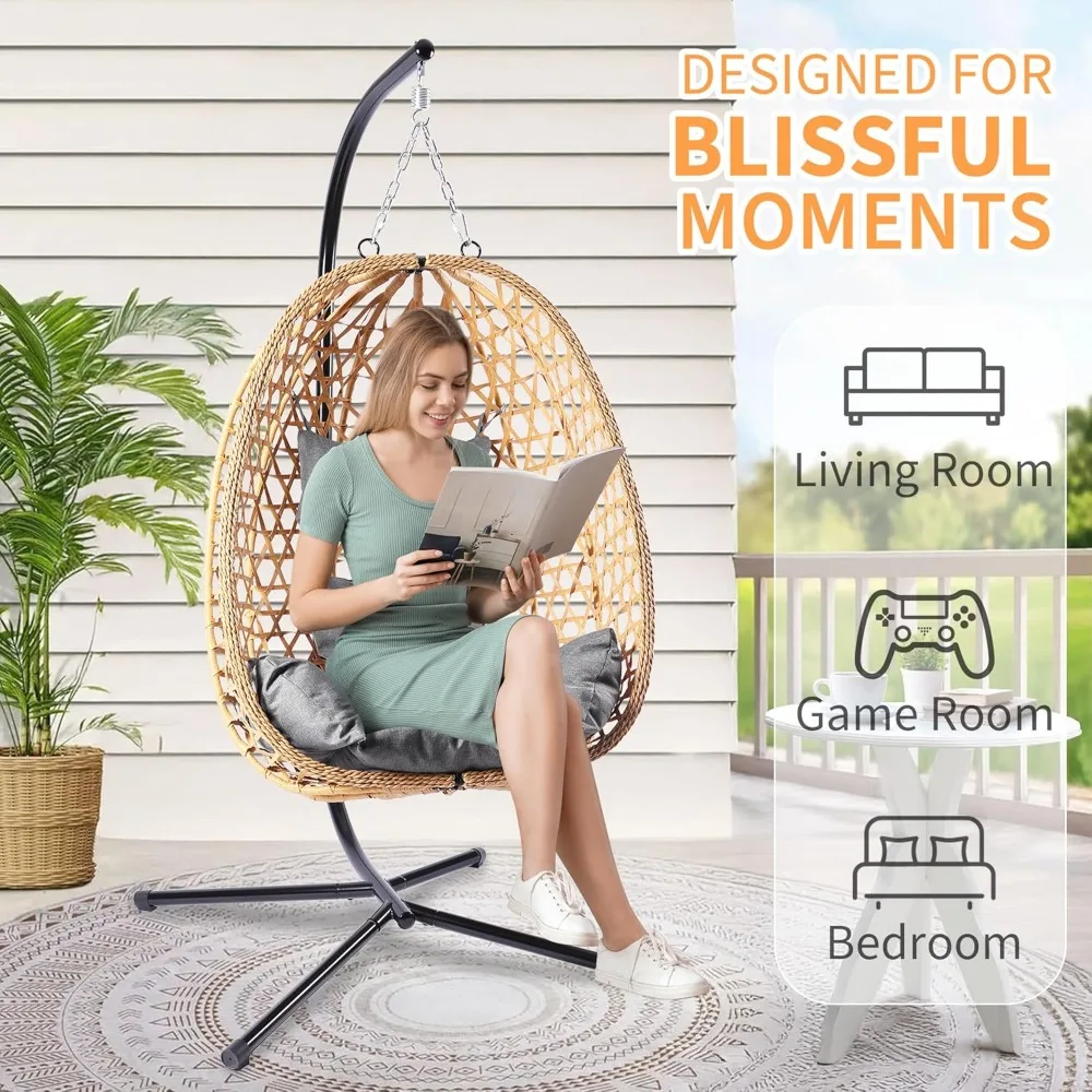 LHBCraft Sedia a uovo sospesa con supporto, sedia a dondolo in vimini da patio, stile amaca con capacità di 350 libbre per camera da letto, balcone o giardino