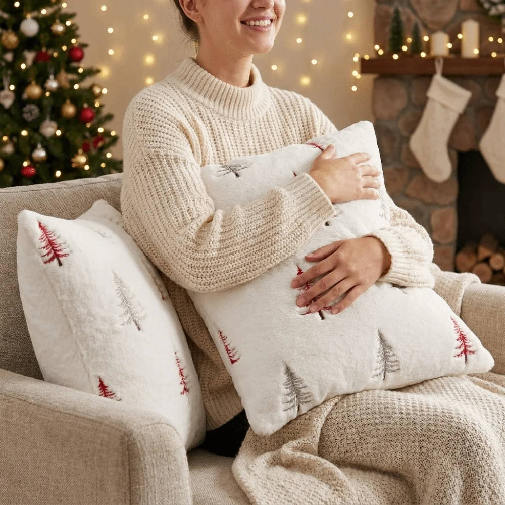 Soft Fluffy Christmas Pillow Cover Square Cozy Throw Pillow Cover No Pillow Core Xmas Tree Decorative Cushion Cover Bedroom