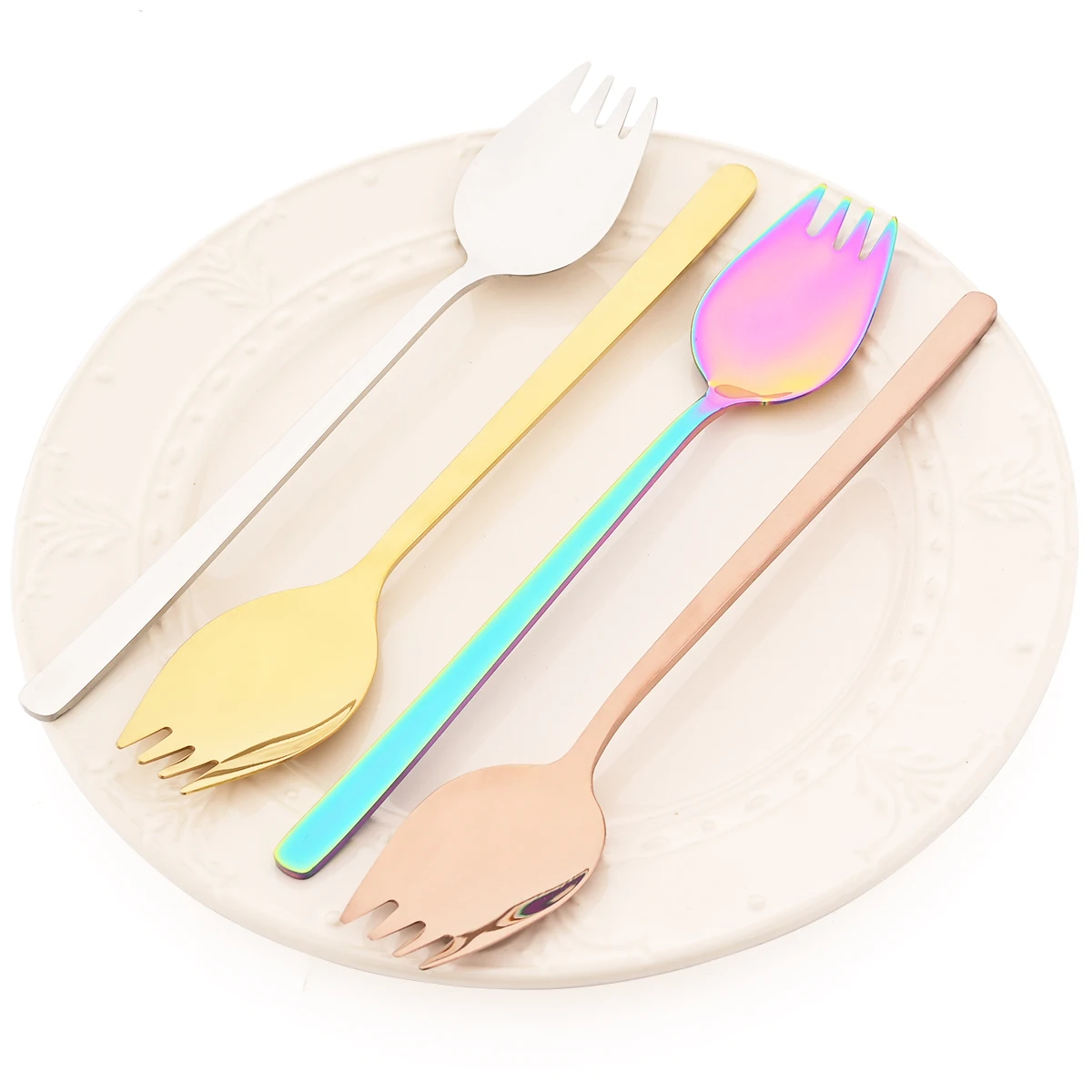 

6pcs Western Instant Noodle Fork Flatware Set Integrated Salad Spoon Fork Cutlery Set Reusable Mirror Stainless Steel Dinnerware