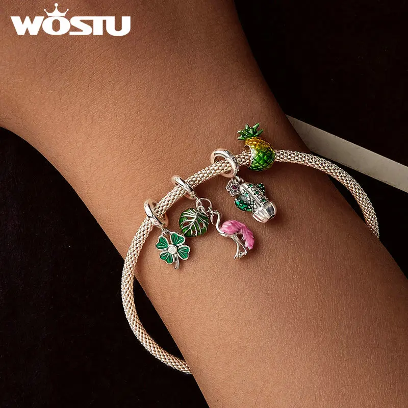 WOSTU 925 Sterling Silver Fruit Avocado Pineapple Charm Cactus Pendant Flamingo Cherry Flower Bead Fit DIY Bracelet Necklace