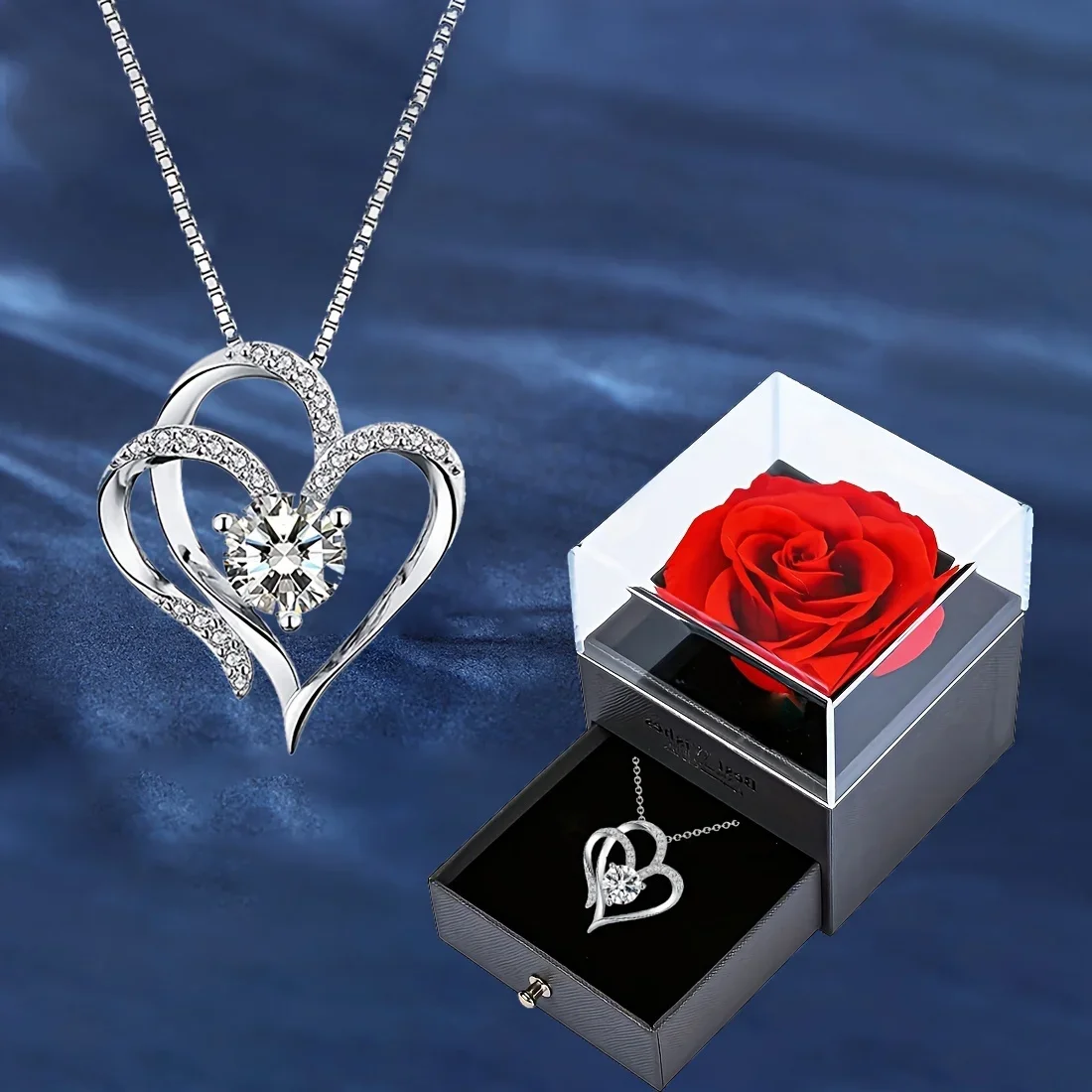 Elegant Heart Zircon Necklace With Luxury Rose Flower Gift Box For Women Girlfriend Valentines Day Gift 2024 New In Jewelry Urn