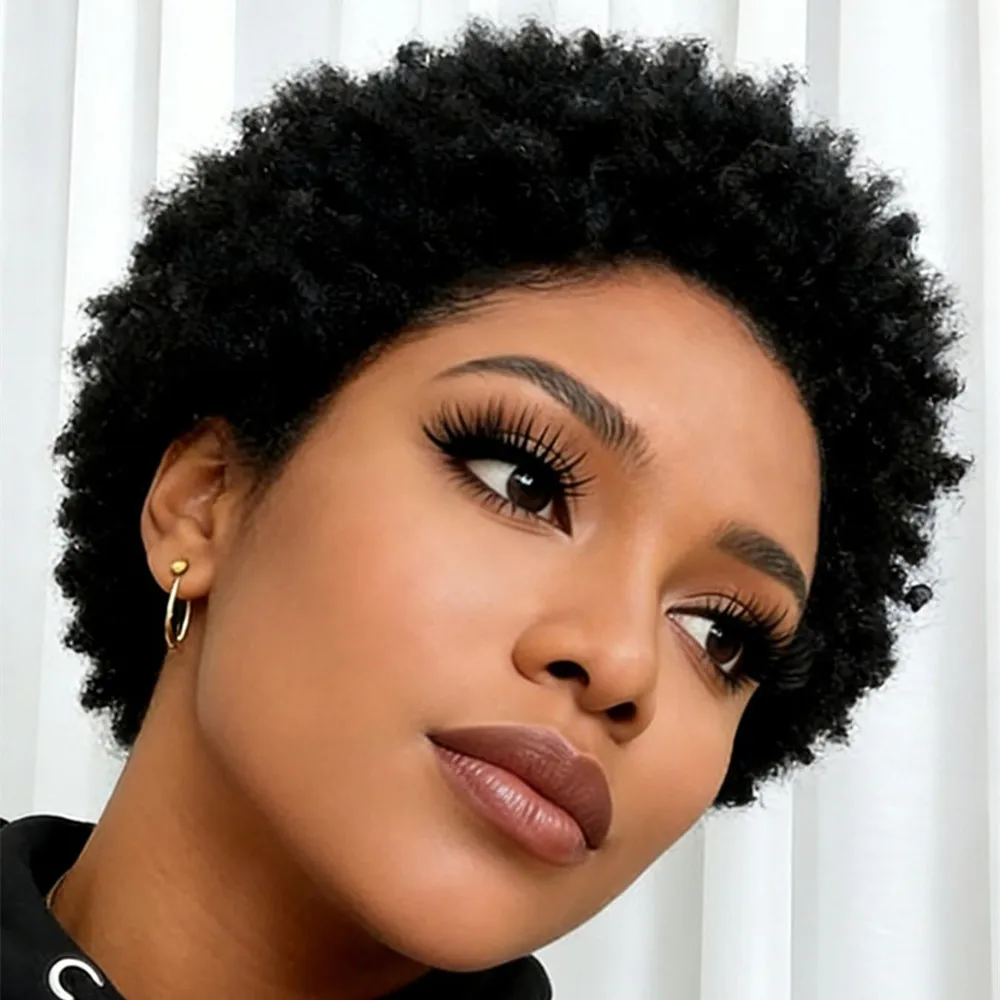 natural black color for women  human hair wig black pixie cut wig human hair machine made afro curly daily party use wig short pixie wig