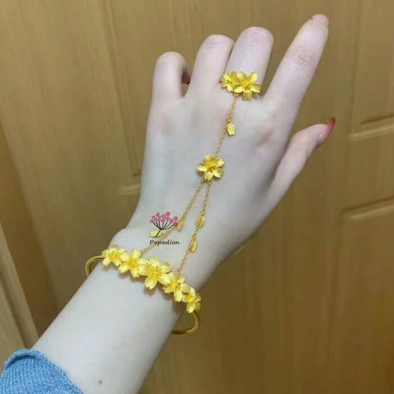 New Dubai 24K Gold Plated Beautiful Flower Women's Bracelet+Ring Bridal Wedding Accessories YY10131