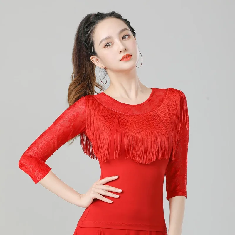 Abito da ballo latino standard nazionale personalizzato per donne adulte Abbigliamento da ballo moderno con nappe e top da allenamento a maniche lunghe nero