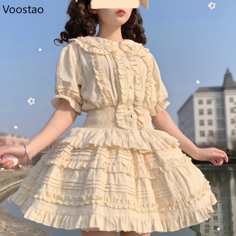 Vintage Sweet Lolita Cotton Blouse Women Kawaii Bow Ruffles Peter Pan Collar Princess Shirts Student Girls Cute Puff Sleeve Tops