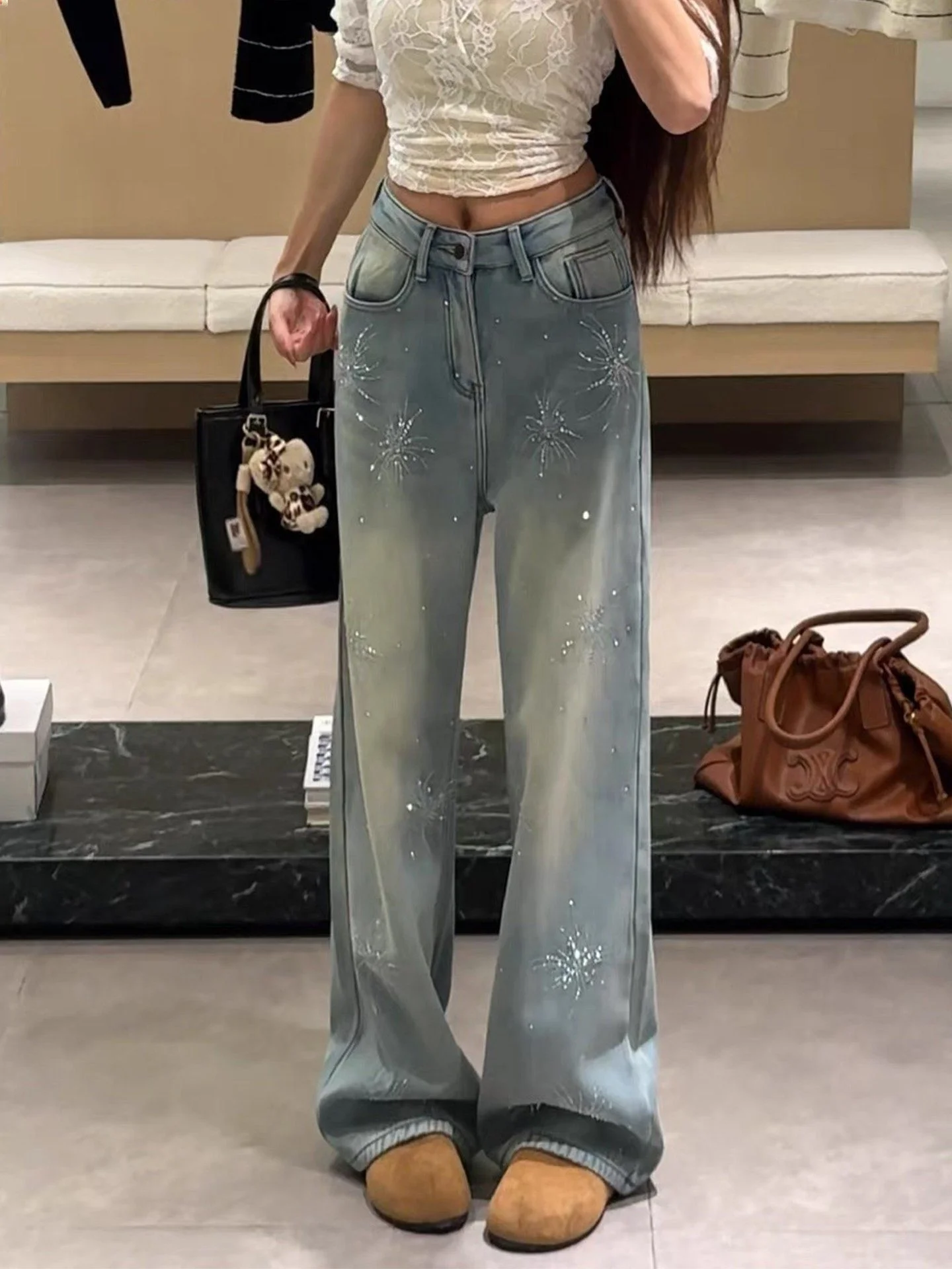 

Trendy Winter High Waist Wide Leg Fce Lined Floor Length Straight Cut Diamond Embellied Women's Jeans High Faion Design