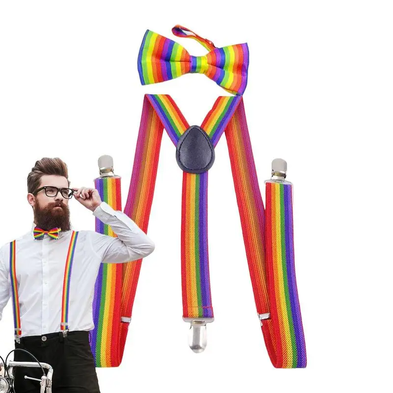 Unisex Clip-on Suspenders and Bow Ties Sets Elastic Suspender Colorful Rainbow Stripe Pattern Adults Elastic Y-back Suspenders