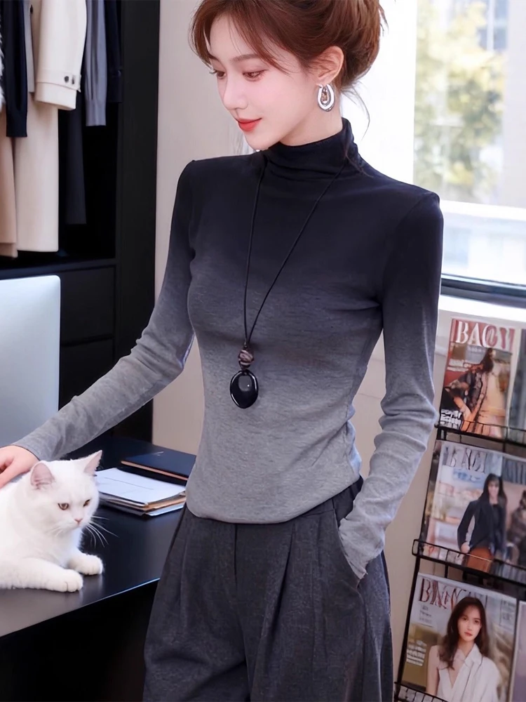 

Faionable adient Color f High Collar Base irt Women's Sle 2026 New Trend Autumn Winter Casual Knitted Top