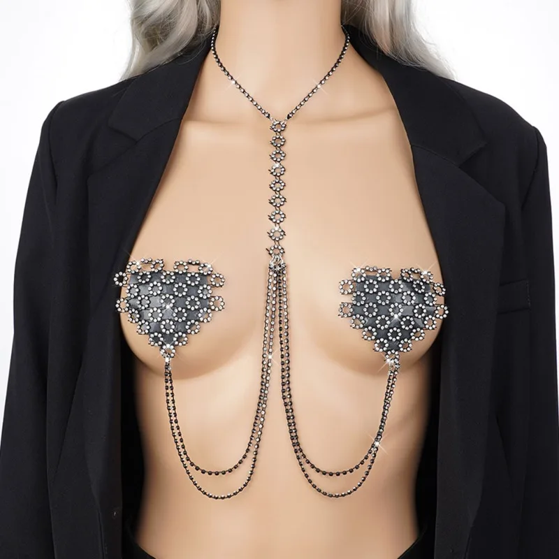 

Western Style Crystal Body Chain Glitter Heart Rhinestone Chest Harness Sexy Nipple Pasties for Women Elegant Clothing Accessory