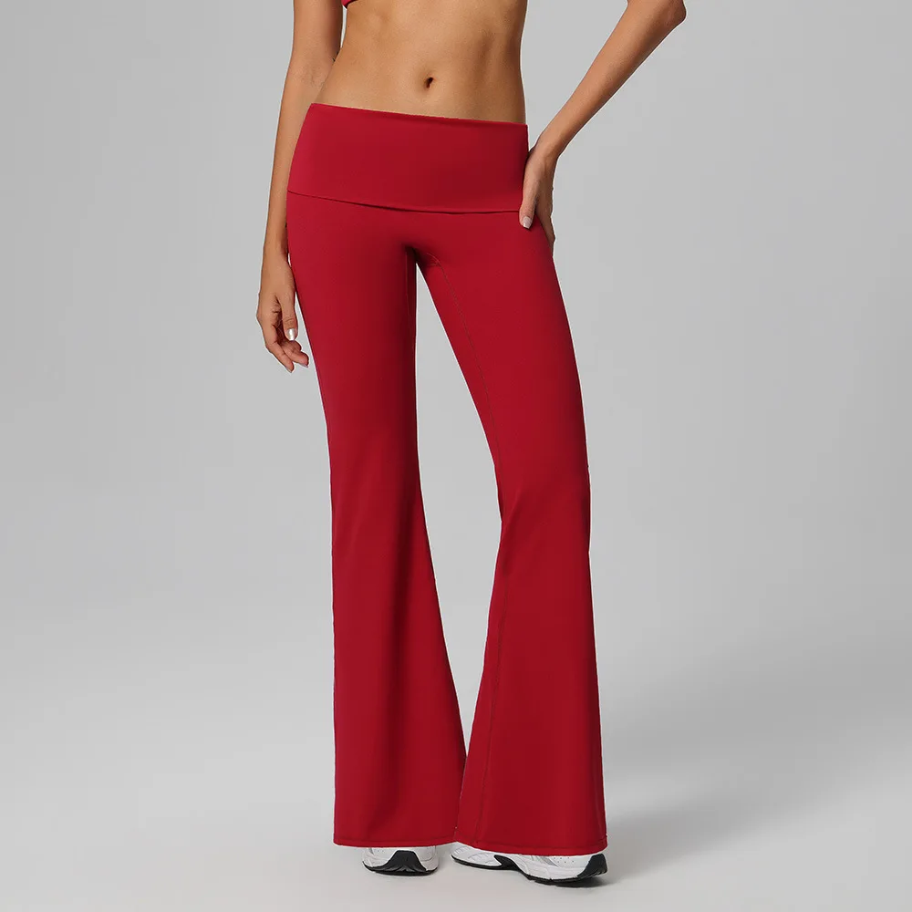 Yoga Pants Fold Over High Waist Hip Lifting Fitness Pants Exercise Elastic Bell Bottom Pant Women Outdoor Running Wide Leg Pants