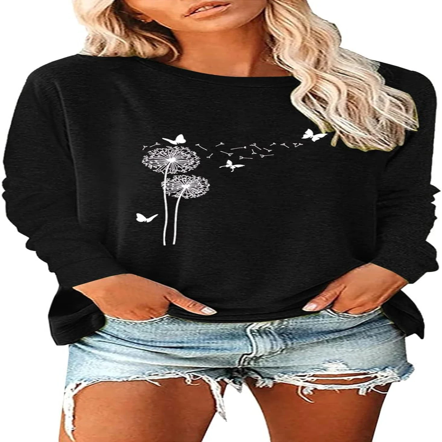 Comfortable and stylish assorted solid hues women's loose-fitting long sleeve print t-shirt for everyday wear. This trendy baseb