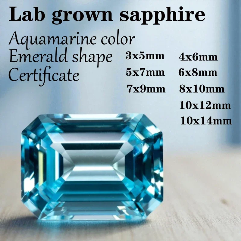 

Sapphire Aquamarine Color Emerald Shape VVS1 Lab Grown Gemstone Natural Colour Charms for DIY Jewelry Making with Certificate