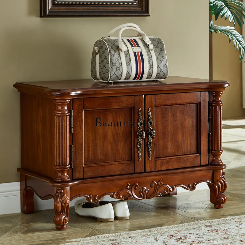 American-Style Solid Wood Shoe Changing Stool European-Style Carved Sofa Stool