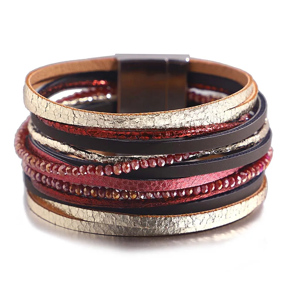 Amorcome Ethnic Multilayer Leather Bracelets for Women Men Boho Crystal Beads Wide Wrap Bracelets Fashion Female Party  Jewelry