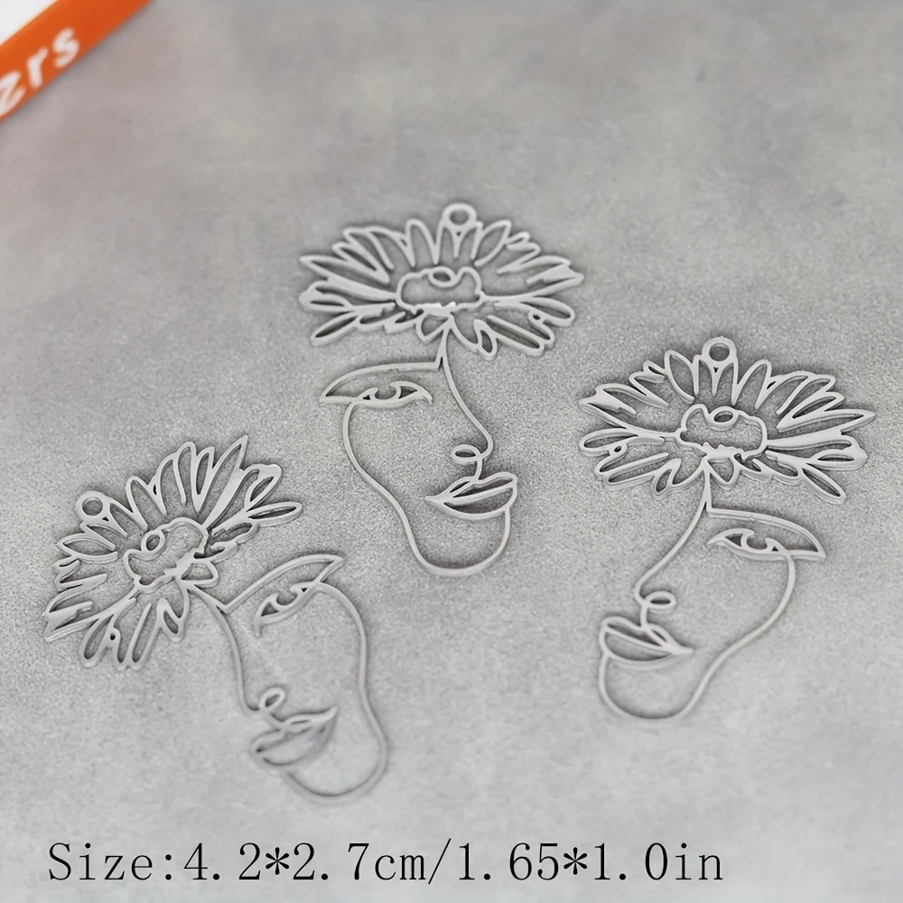 3pcs Abstract Lady Face DIY Flower Stainless Steel Pendant Charms For Jewelry Making Earrings Necklace Accessories
