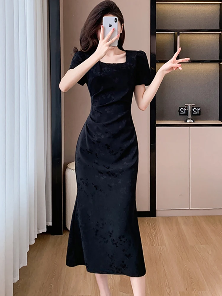 Femmes coréennes Vintage luxe fête robes été blanc Jacquard diamants col carré robe mi-longue 2025 robes moulantes élégantes