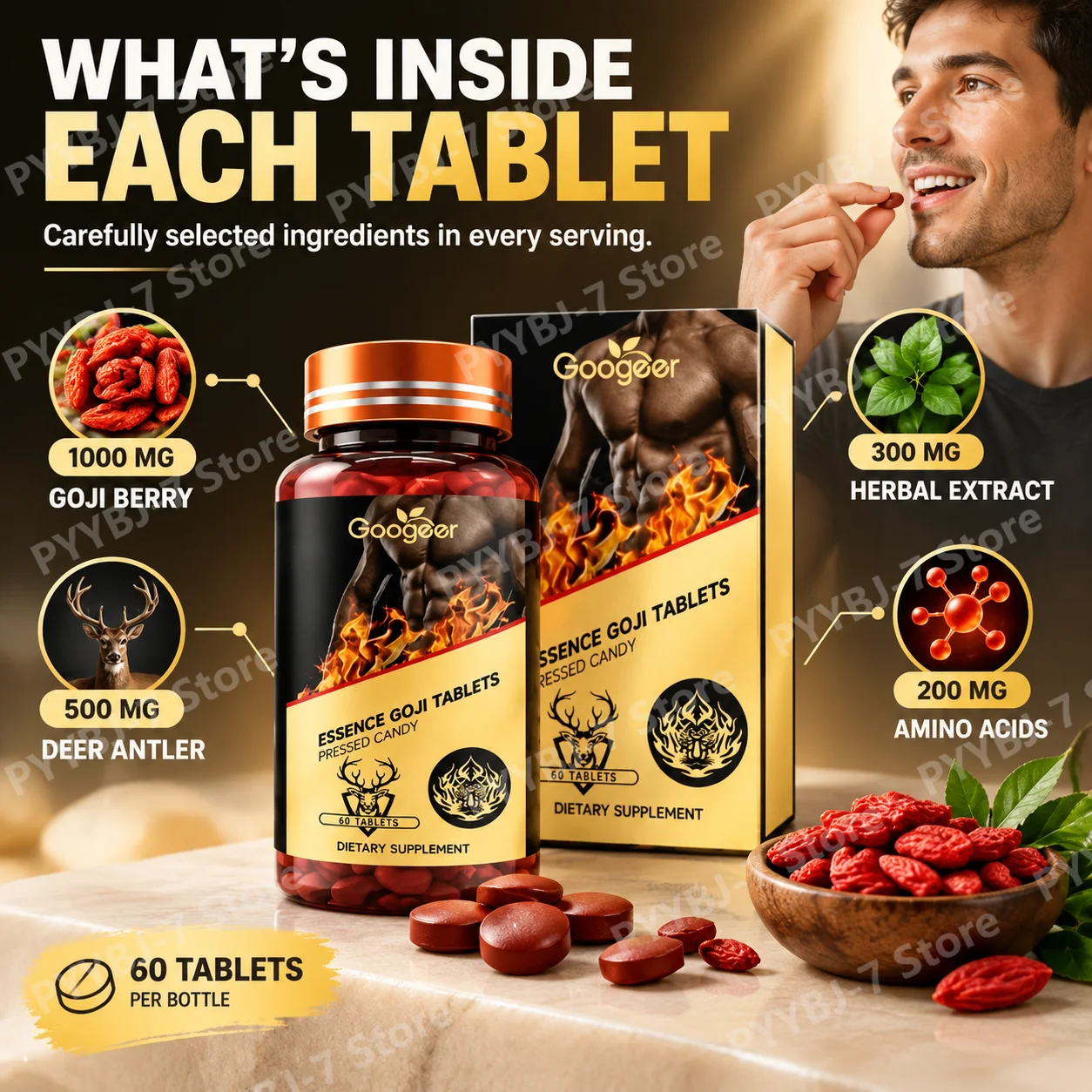Goji Berry Essence Tablets for Men Herbal Goji Pressed Candy Supplement Supports Metabolic Efficiency Body Circulation 60 Tablet