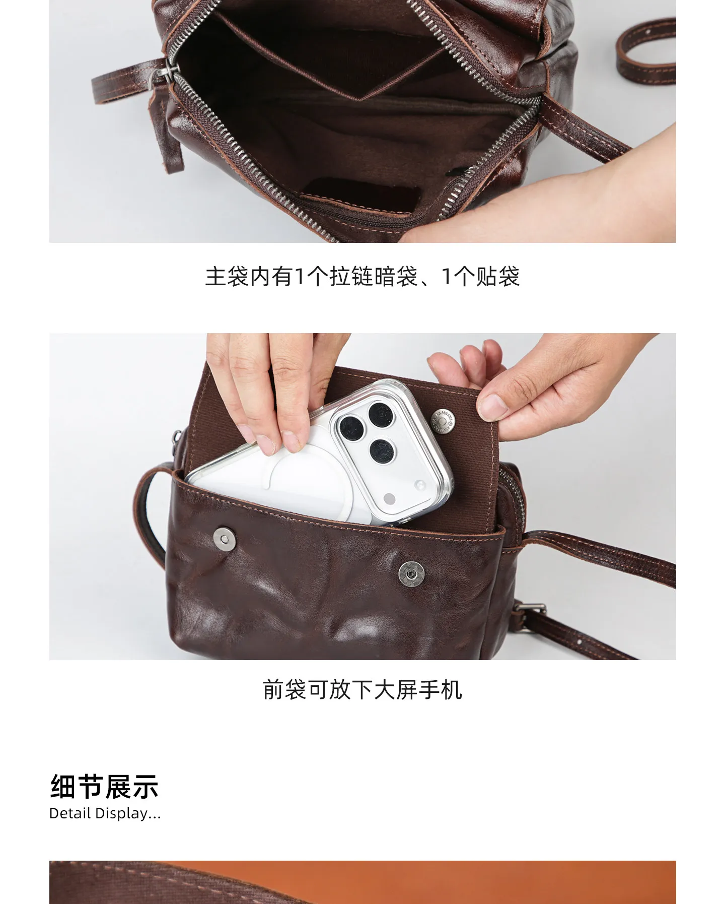 PNDME Vintage handgefertigte, pflanzlich gegerbte Rindsleder-Umhängetasche für Damen, luxuriöse Echtleder-Schultertasche für den Alltag und das Wochenende. – Detail 4