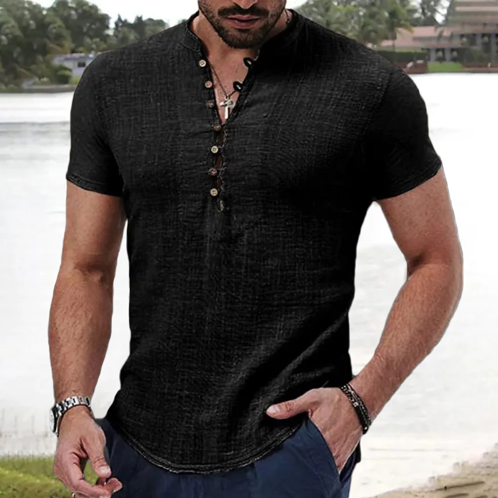 Men's Linen Cotton Short Sleeve T-shirt Solid Color  V-neck Button Tops Male Casual Clothing Trendy Dailywear Lightweight Tees
