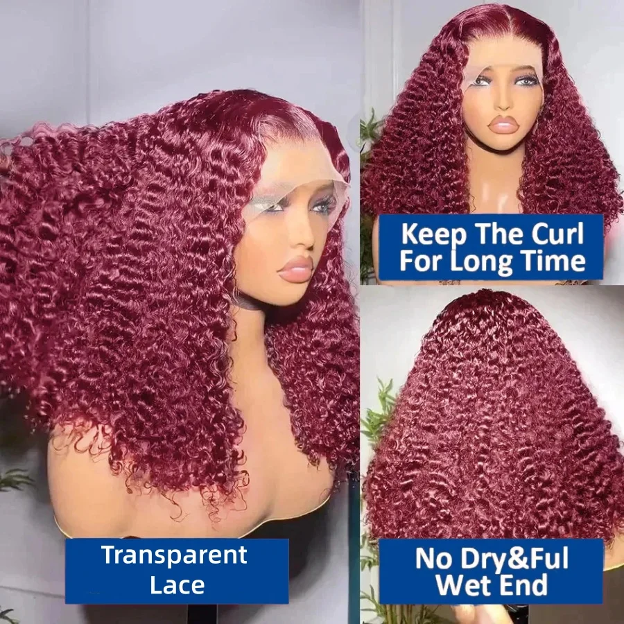 200% Burgundy 99J Short Curly Bob Wig 13x4 Transparent Lace Frontal Human Hair 8-18 Inches Wine Red Pre Plucked With Baby Hair image 3