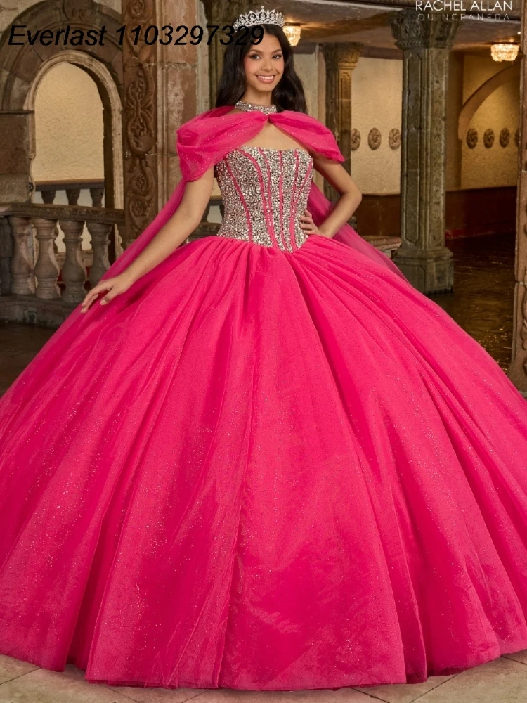 Evlast Glitter Felroze Quinceanera Jurk Baljurk Kanten Applique Kralen Kristal Met Cape Sweet 16 Vestido De 15 Anos Tqd438