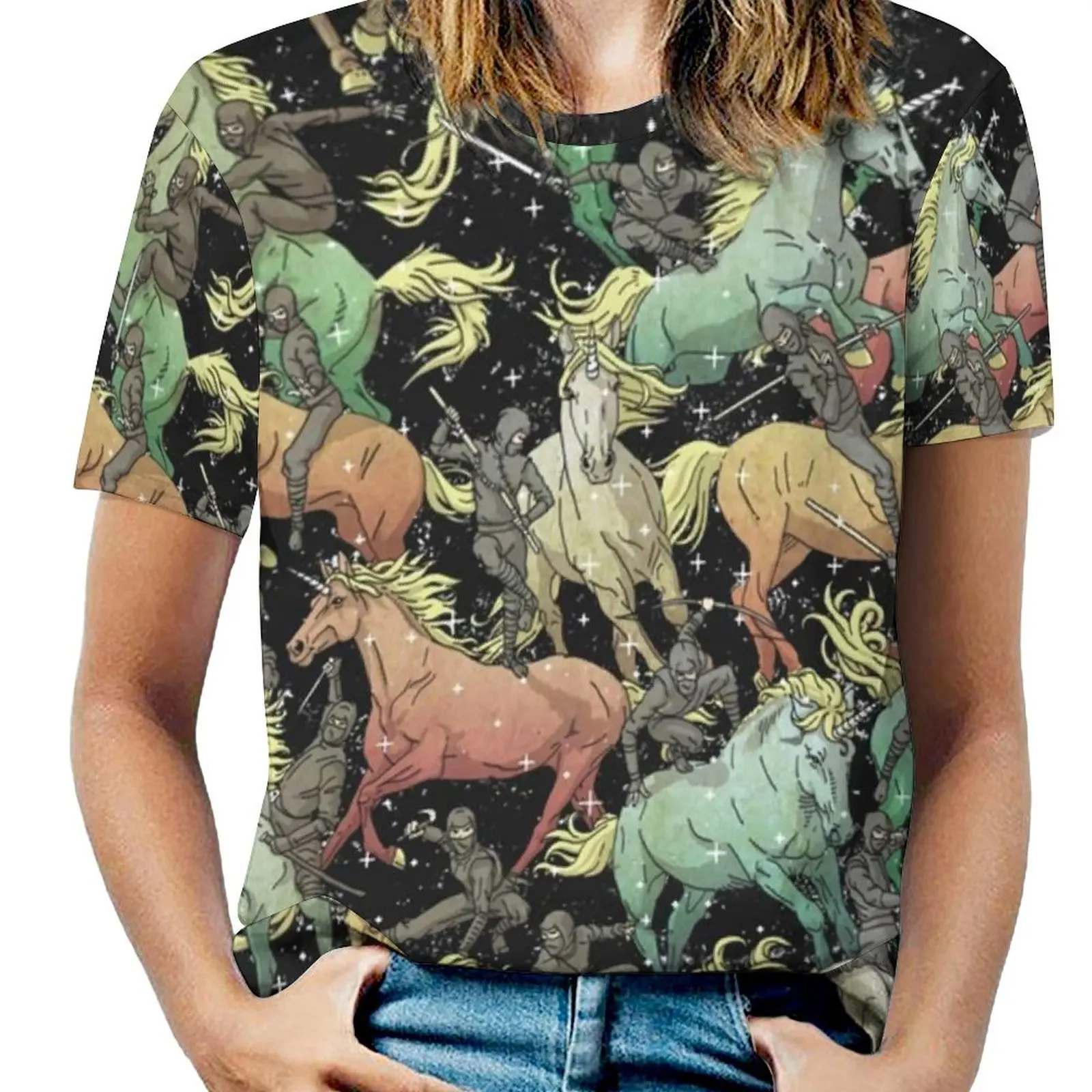 Womens T Shirt Colorful Horse O Neck T Shirts Short Sleeve Ninjas Riding Unicorns Pattern Tshirt Street Wear Top Tees 5XL 6XL