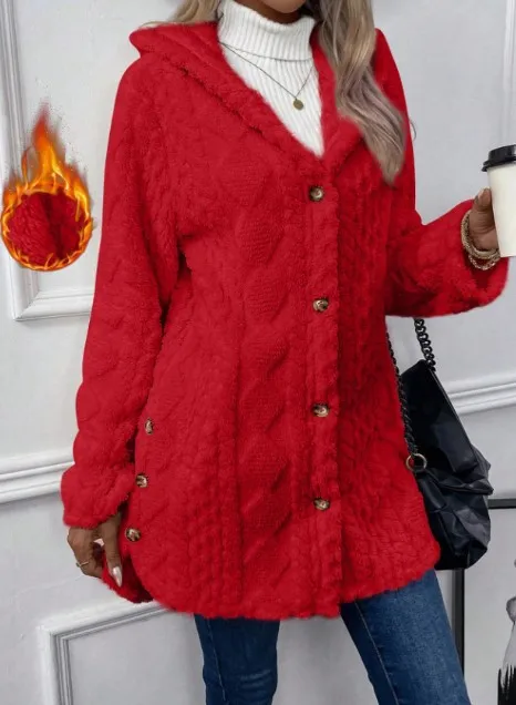 Zimní dámský plyšový kabát s kapucí 2025, knoflíkový kardigan, dlouhý teplý kardigan s pruhy, módní pouliční bunda pro ženy - náhled 5
