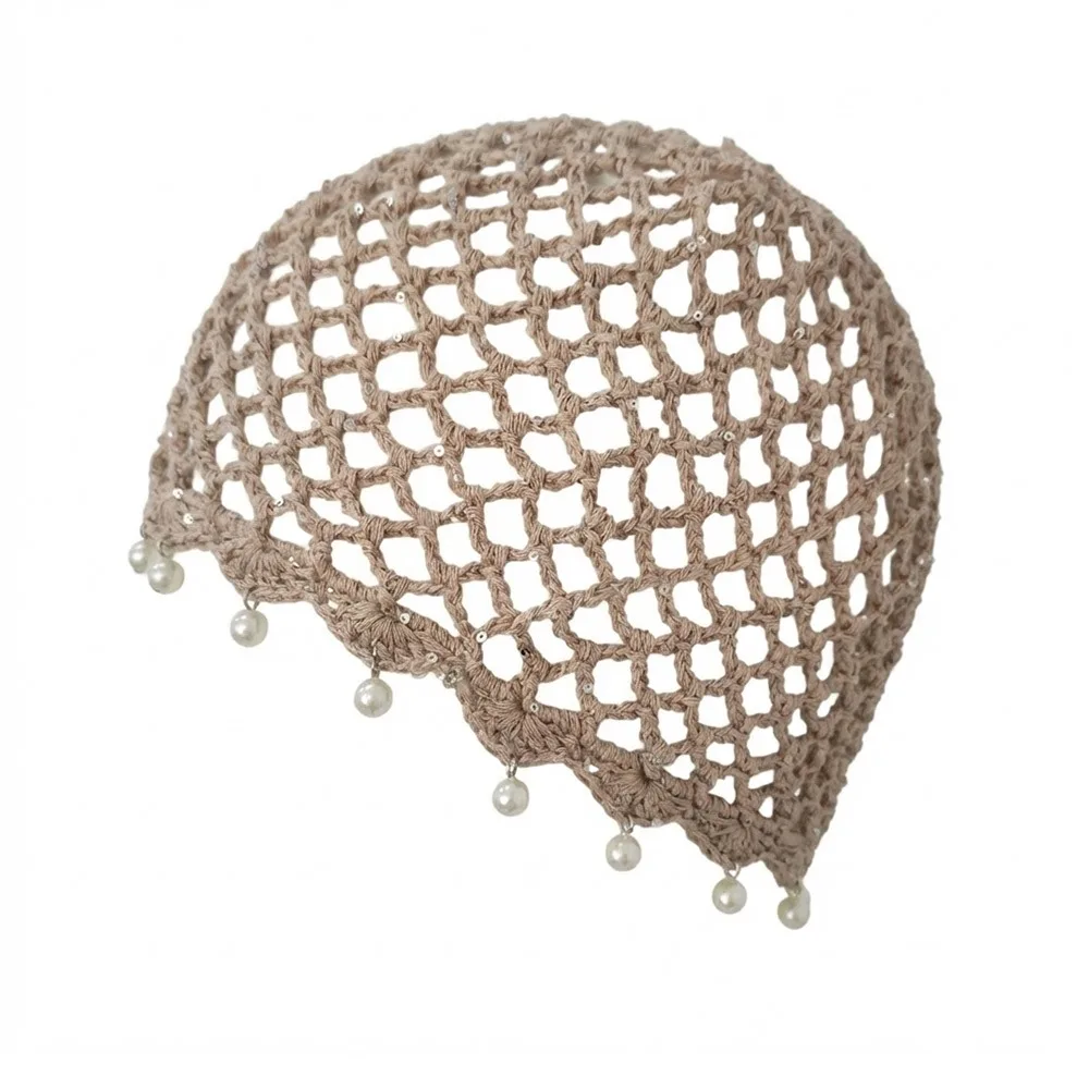 

Casual Hollowed Out Woven Pullover Hats Crochet Pearl Fringed Knitted Hat Breathable Beret Cap or Women Summer