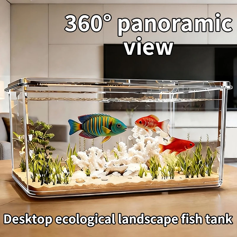 360° PanoramicView Desktop FishTank Mini Aquarium Clear Glass Ecological Landscape Home Decoration Water Living Box For Goldfish