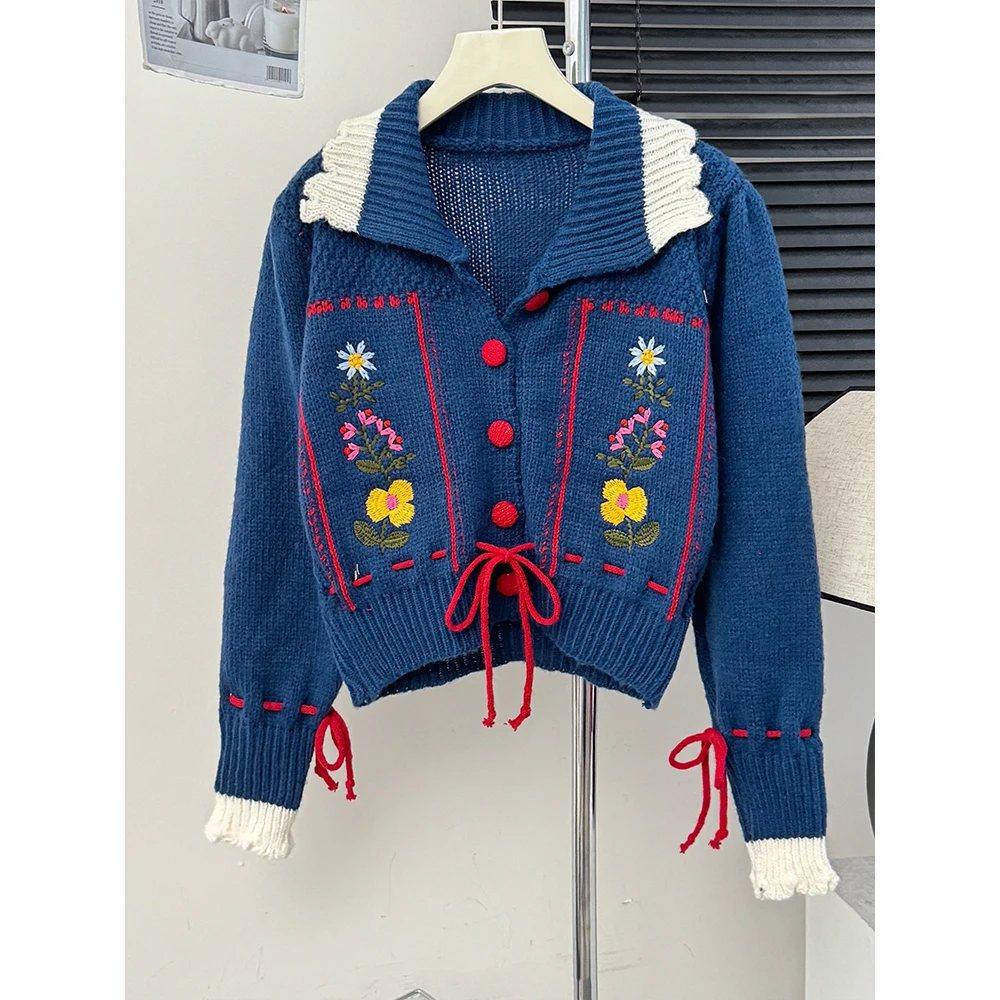 Women Cute Weaters Turn Down Collar Embroidery Floral Long Sleeve One Breasted Cardigan Coat Autumn Winter Warm Knitted Jackets