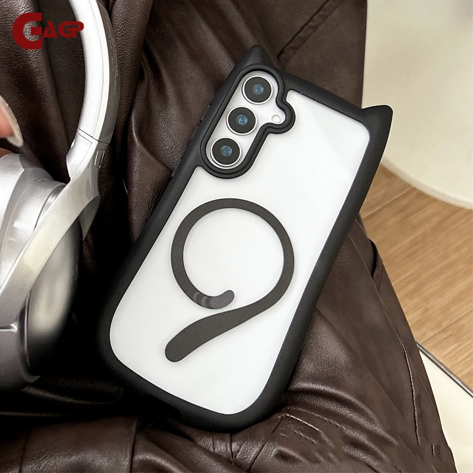 Cute Cat Ear Magsafe Case For Samsung Galaxy S25 Ultra S24 Ultra S23 S24 S25 Plus Transparent Wireless Magnetic Charging Cover