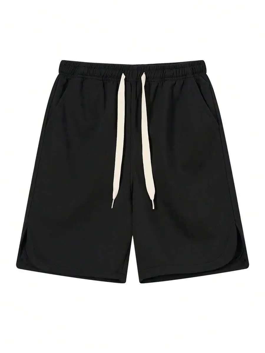 

Mens Casual Sports Shorts Elastic Waist Drawstring Pure Black Loose Fit For Outdoor Travel Fitness