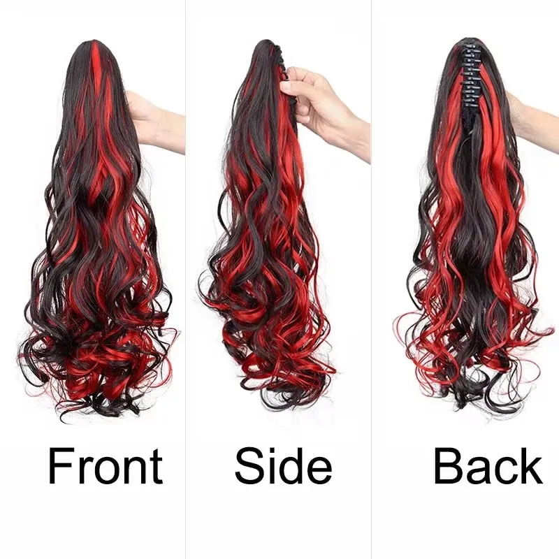 Highlight Long Curly Synthetic Ponytail Hair Extension With Claw Clip Mixed Blue Red Ponytail Hairpiece For Halloween Cospaly