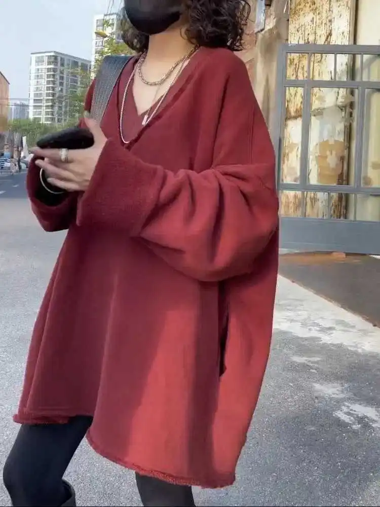 

plus Size Women's V-Ne Long Sve Oversized Hoodie Comfortable Mid-Length Lazy Top Autumn Winter New Sle Korean Faion