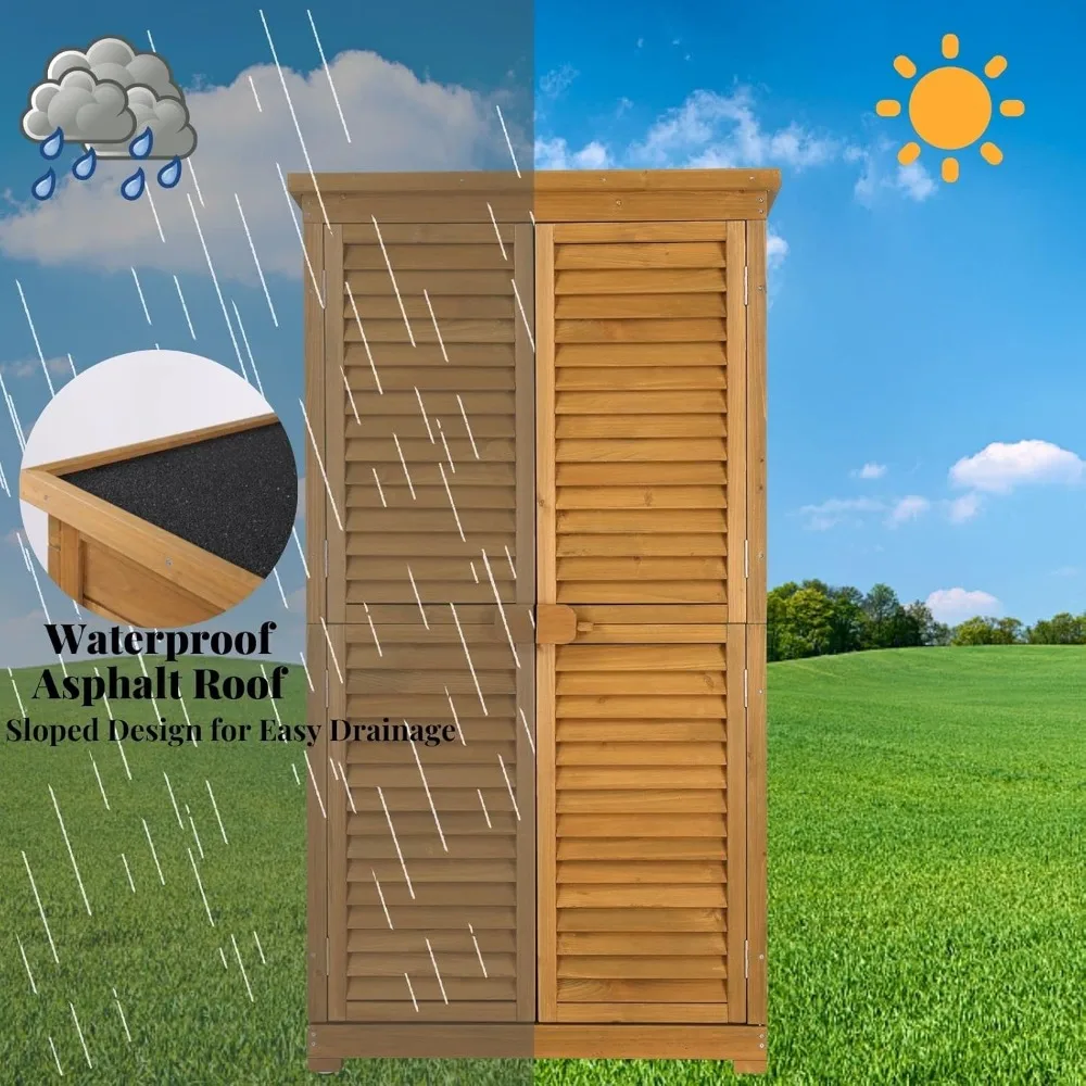63-calowy drewniany szafa do przechowywania na zewnątrz zamykana na klucz, 3 regulowane półki, wodoodporne dachy na narzędzia ogrodowe